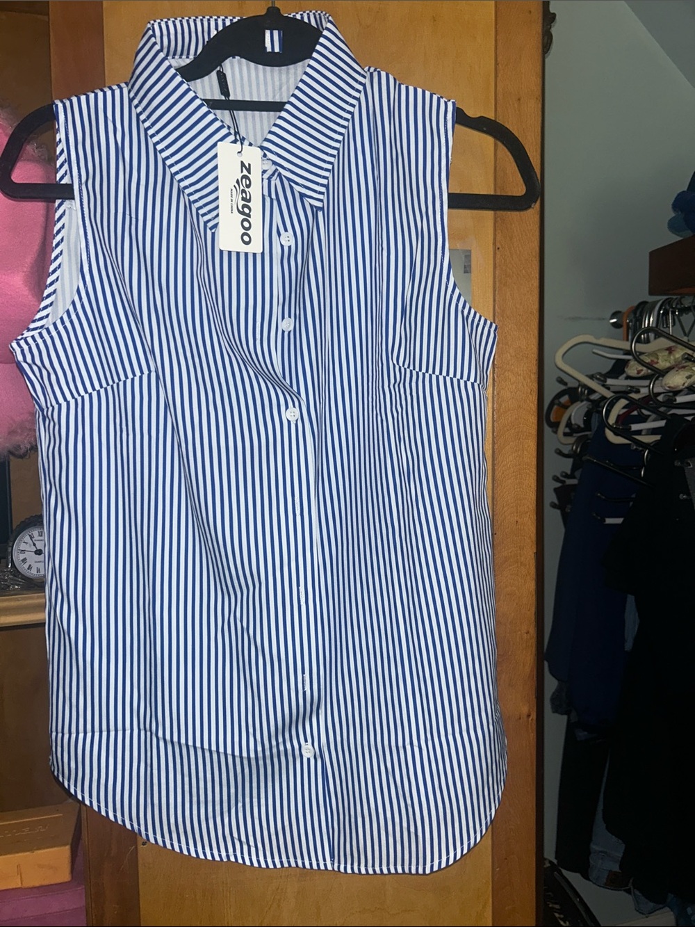 zeagoo Navy and White Vertical Stripe Sleeveless Button-Down Top